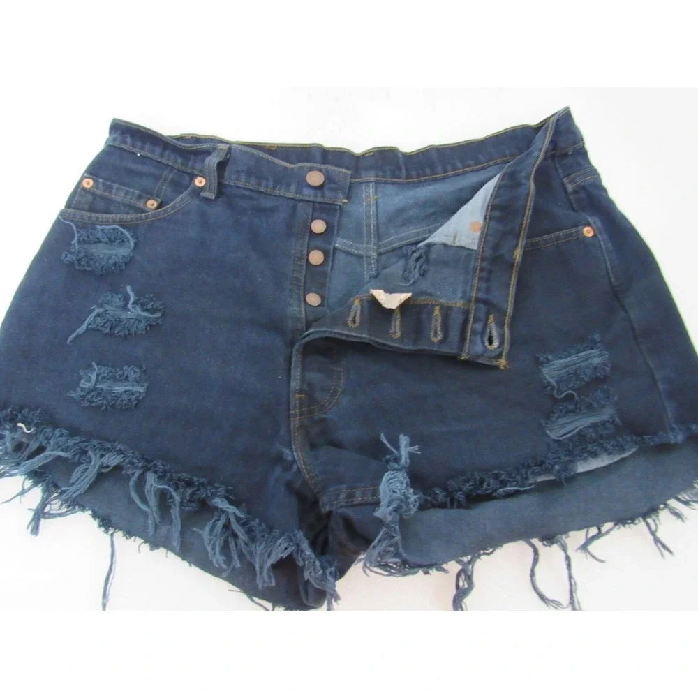 Levis 525 Jean Shorts Blue  Frayed  Cutoff  Dark Wash High Rise Button Fly Sz 38